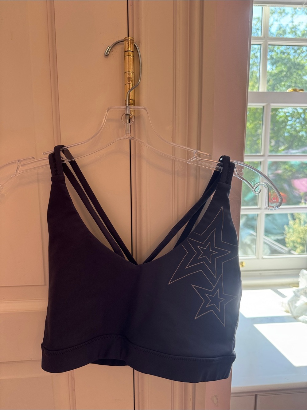 soulcycle blue gray Double-Strap Star-Accent Sports Bralette